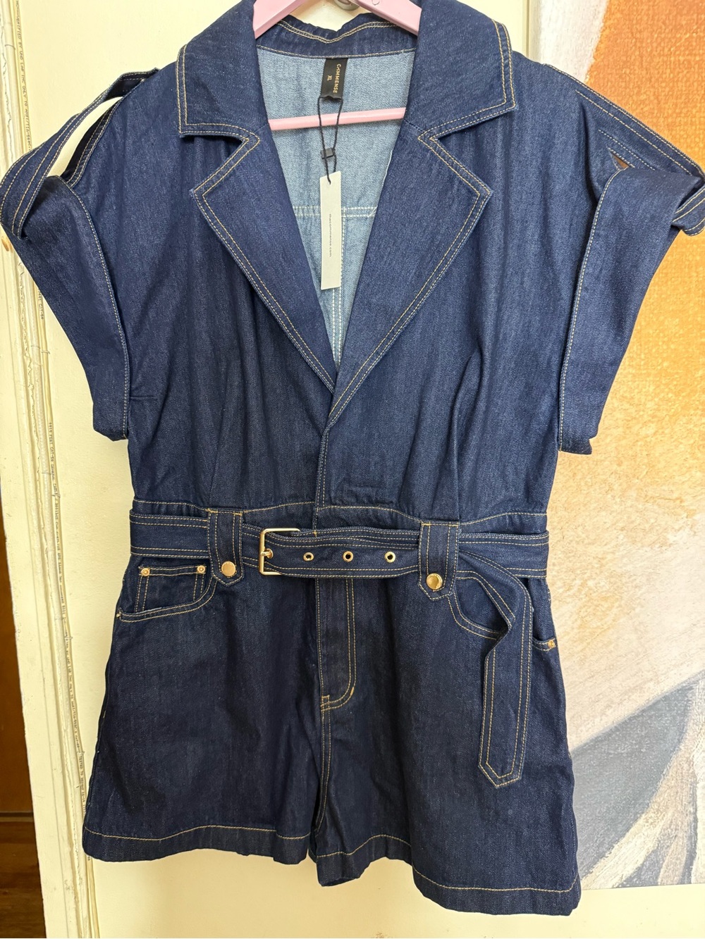Commense Dark Blue Denim Short Sleeve Romper with Belt
